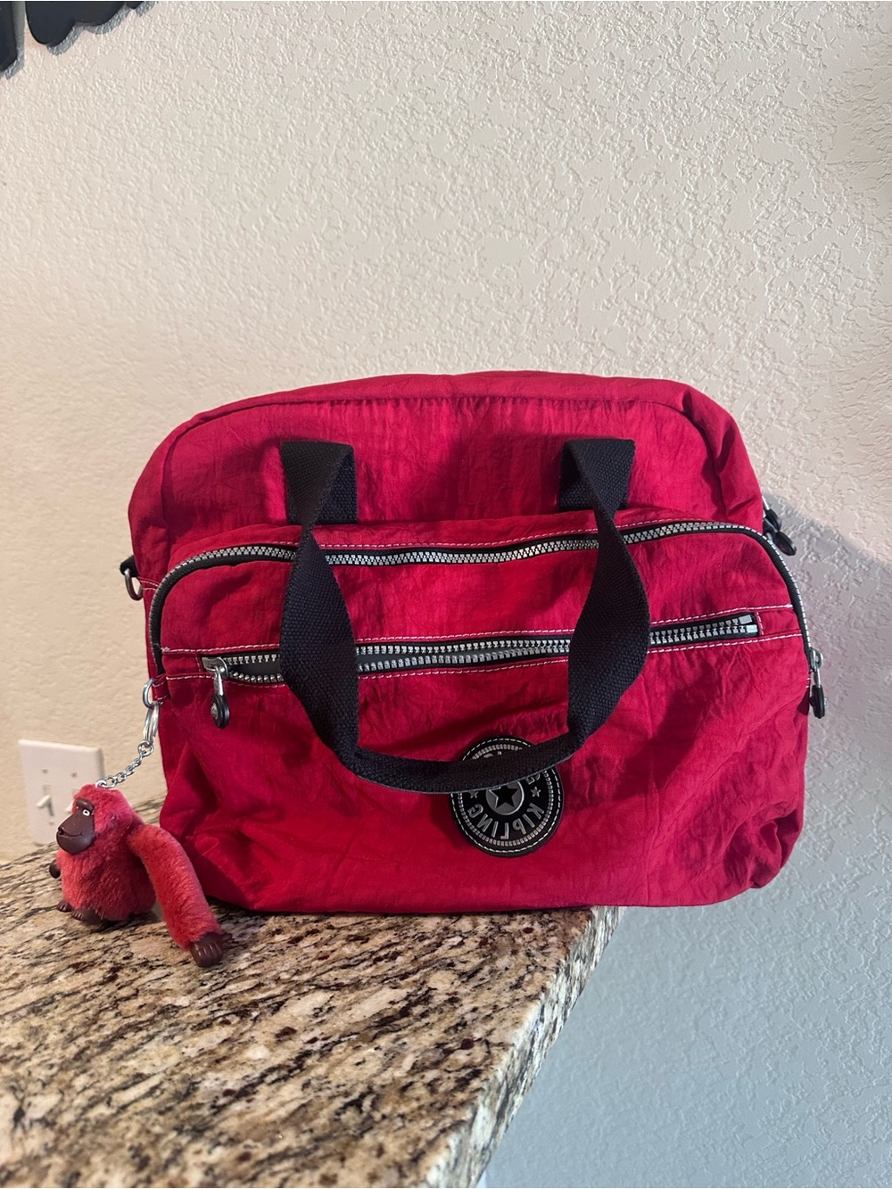 Kipling Red Nylon Handbag with Monkey Keychain (No Crossbody Strap)